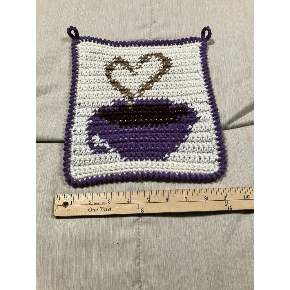 Handmade Crochet Hot Pad Potholder White Purple Cup Of Coffee Love Heart